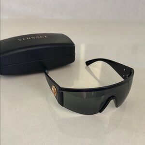 Versace Black Shield Sunglasses with Gold Medallion